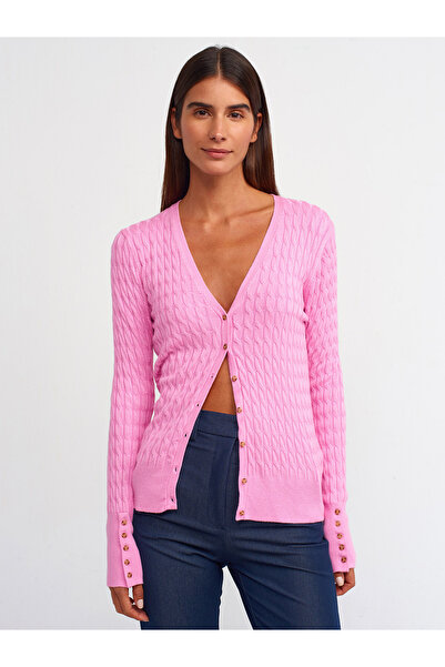 Dilvin 60199 В'язаний кардиган з косами та ґудзиками - рожевий