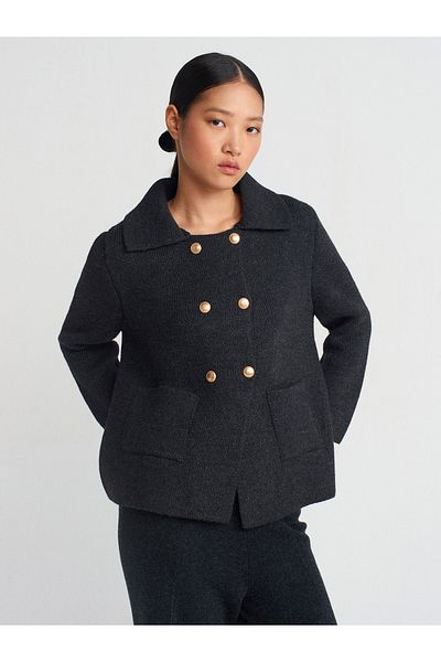 Dilvin 60921 Polo Neck Buttoned Pocket Knitwear Cardigan-Anthracite