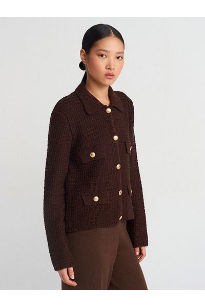 Dilvin 60925 Polo Neck Buttoned Knitwear Cardigan-Brown