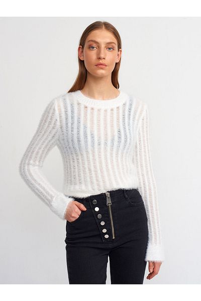 Dilvin 10473 Crew Neck Soft Textured Transparent Sweater-Ecru