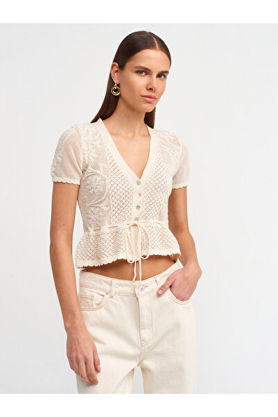 Dilvin 60221 Cardigan de tricotaj cu nasturi cu decolteu în V-Ecru