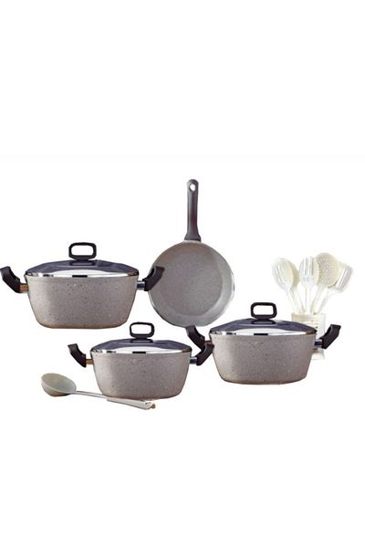 drobina Turkish granite cookware set consisting of 14 pieces Ellie grey steel