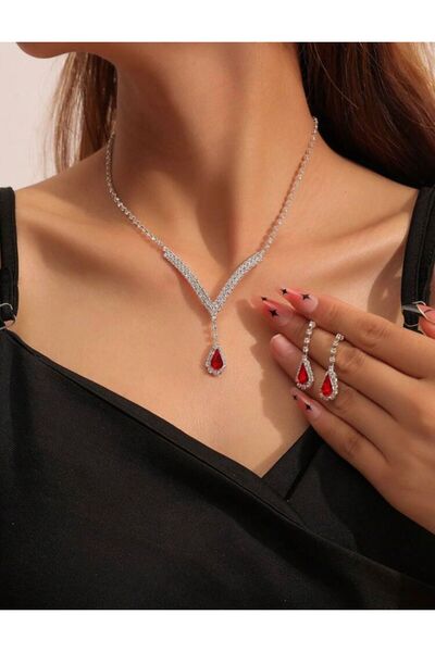 Renkada Red  Kolye Küpe Ve Bileklik Seti 2'lü Set Davet Düğün Nişan Abiye