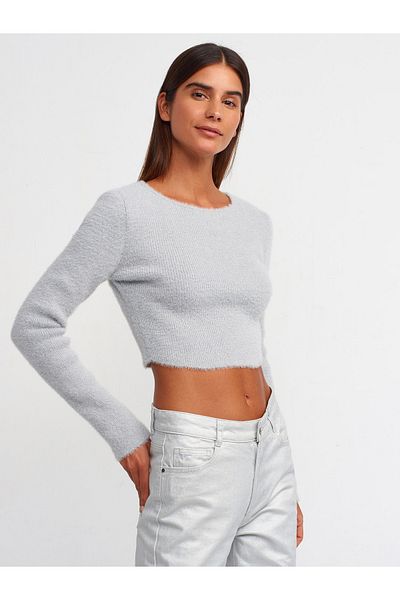 Dilvin 10449 Crew Neck Lace-Up Sweater-grey