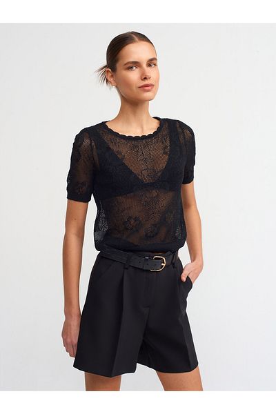 Dilvin 10543 Crew Neck Openwork Back Button Detailed Knitwear Blouse-Black