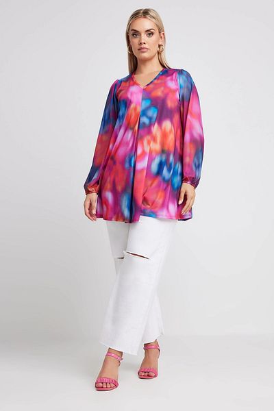 Stil Diva Long Sleeve Tulle Detailed Plus Size Blouse - Pleated V-Neck321822