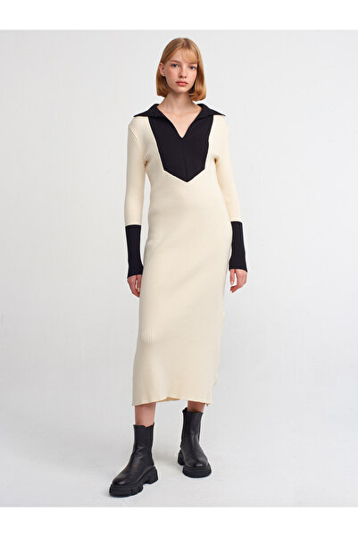 Dilvin 90165 Rochie din tricotaj cu nervuri cu gât polo-crem-negru