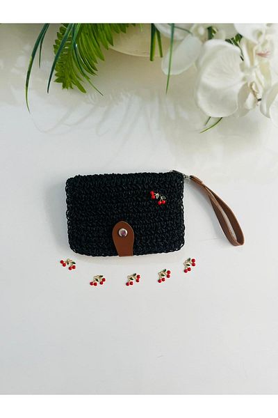 PİNKBAG Handmade Straw Cherry Black Wallet