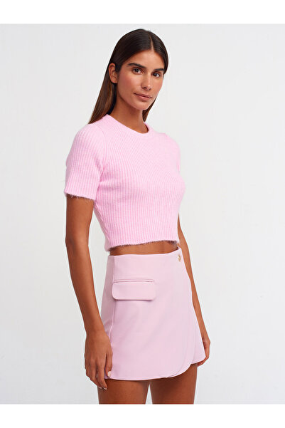 Dilvin 10490 Pulover crop cu mânecă scurtă cu nervuri cu gât roșu-roz
