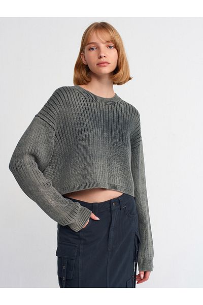 Dilvin 10456 Faded Effect Crew Neck Sweater-Grey