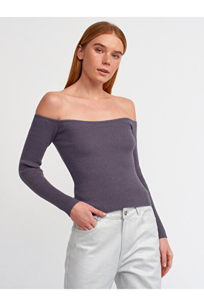 Dilvin 10503 Bardot Collar Corded Crop Πουλόβερ-Καπνιστό