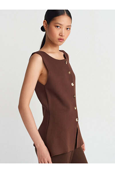 Dilvin 60291 Πλεκτό γιλέκο με κουμπιά Crew Neck-Καφέ