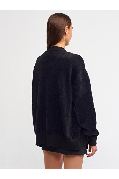 Dilvin 60204 Yumuşak Dokulu V Yaka Triko Hırka-Siyah