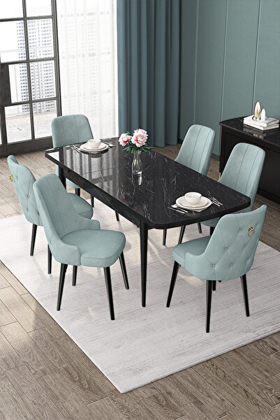 Canisa Nex Serisi 80x132 Açılabilir Mdf Siyah Mermer Desen Mutfak Masası Ve 6 Su Yeşili Sandalye