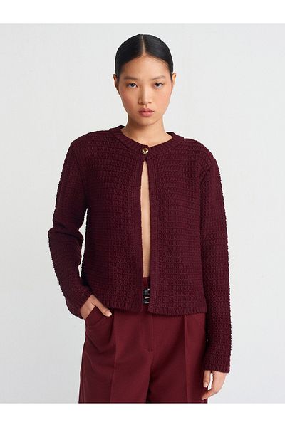 Dilvin 60298 Crew Neck Buttoned Knitwear Cardigan-Claret Red
