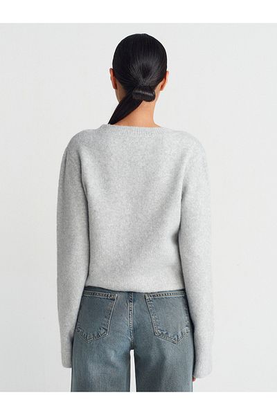 Dilvin 60273 V-Neck Buttoned Knitwear Cardigan-Gray
