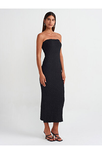 Dilvin 90204 Στράπλες Πλεκτό Φόρεμα με Ανάγλυφη Υφή - Μαύρο