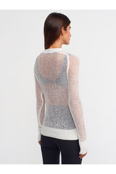 Dilvin 10493 Crew Neck Openwork Sweater-Ecru