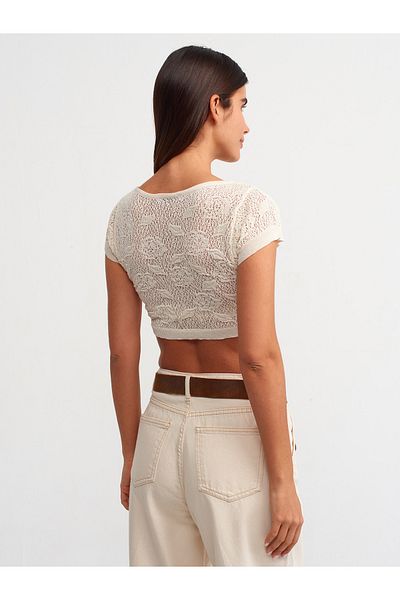 Dilvin 10553 Boat Neck Short Sleeve Floral Openwork Knitwear Blouse-Ecru