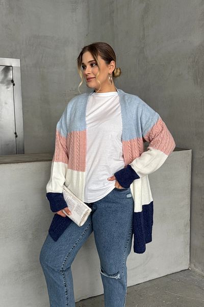 Stil Diva Cardigan cu mânecă lungă, fără închidere în față, cu blocuri de culoare 302147