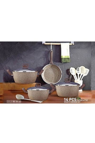 drobina Turkish granite cookware set consisting of 14 pieces brown steel