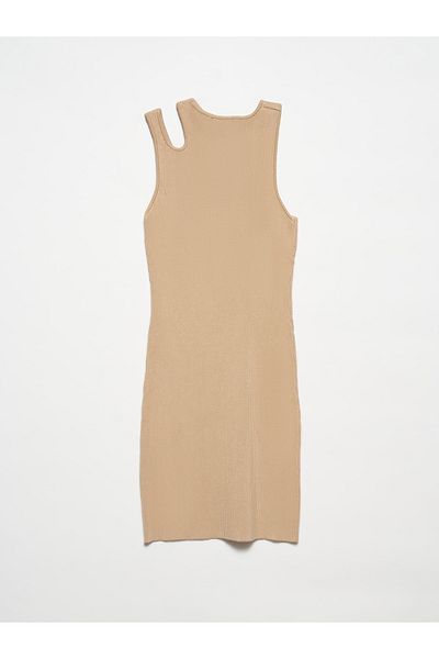 Dilvin 90142 Strickkleid mit Rundhalsausschnitt und tiefem Ausschnitt an der linken Schulter – Beige