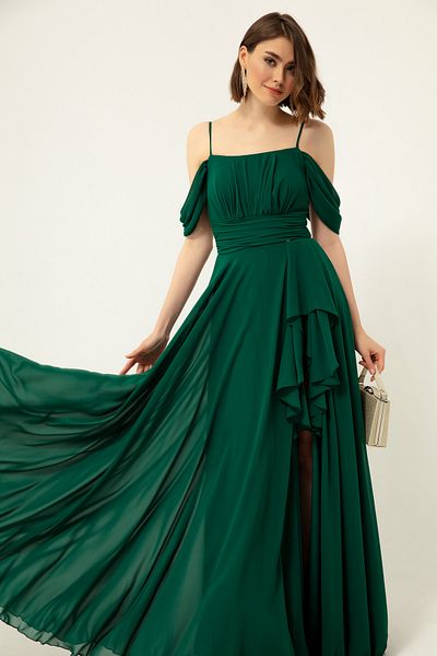 OFZE Women's Emerald Green Boat Neck Chiffon Evening Dress