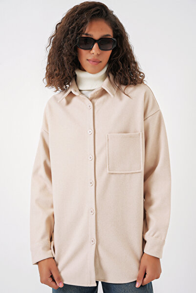 Bigdart 20273 Tek Cepli Düğmeli Kaşe Gömlek - Krem