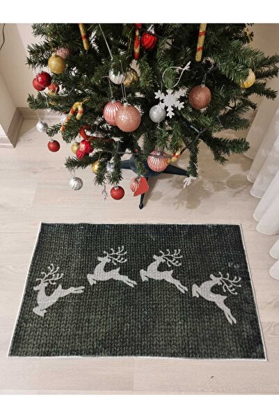 BELLİNO Geyikli Yılbaşı Yeni Yıl Desenli Dekoratif Yıkanabilir Bambu Kaymaz Kapı Önü Paspası