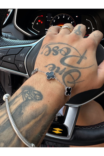 manch collection Yonca desen Gümüş-Siyah renk çelik bileklik