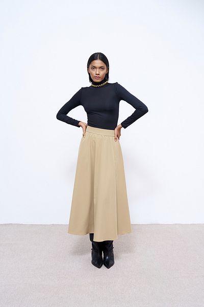 Quzu Beige Midi Length Skirt with Elastic Waist