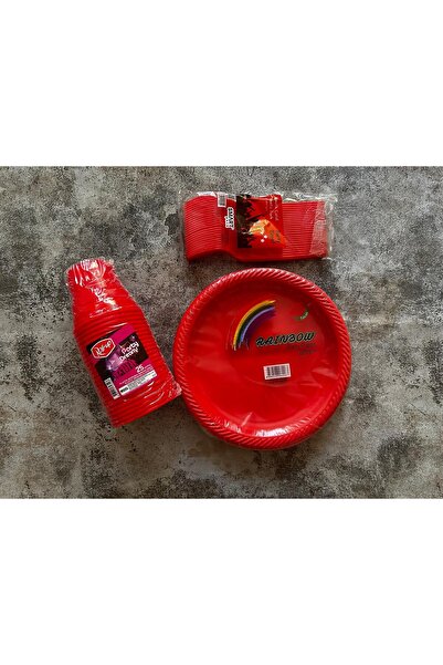 Party Partycom Kırmızı tabak,bardak,çatal seti sert plastik 25 kişilik