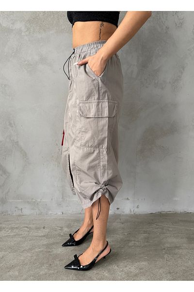 XBELLA DENİM Parachute Skirt with Side Pockets and Front Slit Light Gray