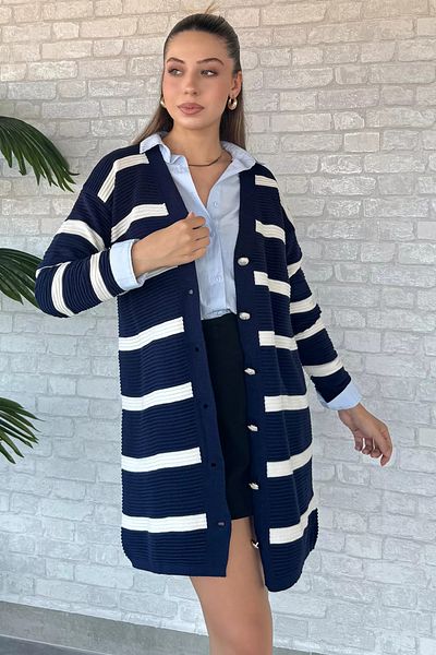 GÜLSELİ Striped Navy Cream Knitwear Cardigan