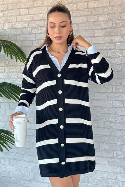GÜLSELİ Striped Black Cream Knitwear Cardigan