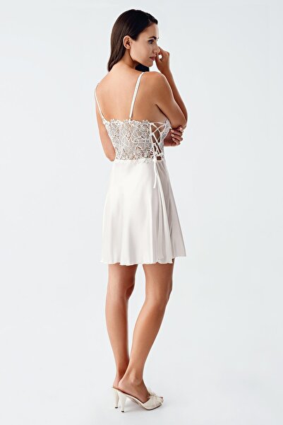 İmaj 4230 Ecru Color Satin Lace Embroidered 2-Piece Nightgown Set