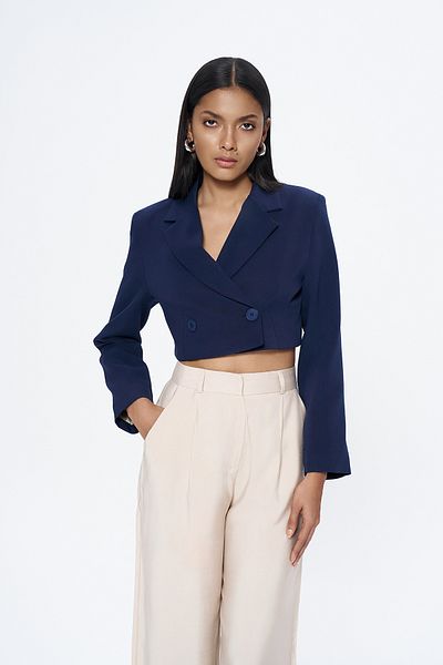 Quzu Διπλό στήθος Crop Blazer Jacket Navy Blue