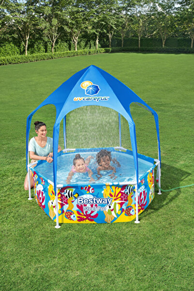 BESTWAY Steel Pro Uv Careful Splash N' Shade Play Pool 183x51cm|above Ground Family Pool With Sun Protection