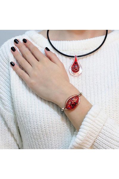 veraART Handmade Murano Glass Set of 2 Red Necklace and Bracelet Tina