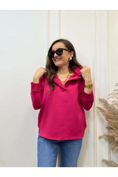 TLG GİYİM سويت شيرت نسائي بغطاء للرأس وياقة بولو مقاس كبير