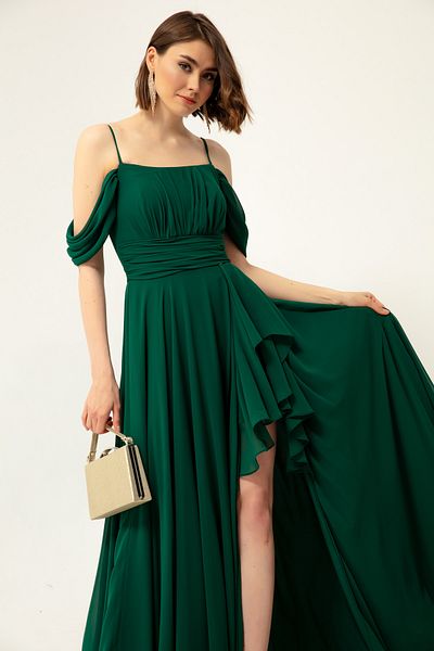 OFZE Women's Emerald Green Boat Neck Chiffon Evening Dress