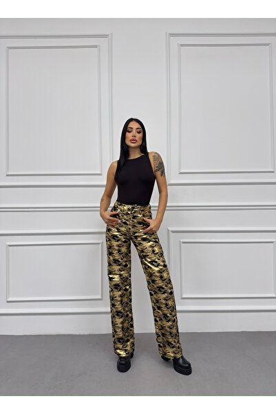 XBELLA DENİM LEOPAR VARAK BASKILI GOLD BAGGY JEANS