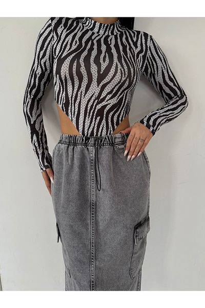 XBELLA DENİM Bel Lastic Loose Side Pocket Gray Skirt