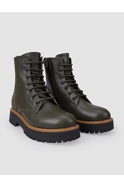 Cabani 100% Genuine Leather Khaki Lace up Zippered Women's Boots