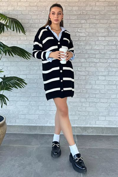 GÜLSELİ Striped Black Cream Knitwear Cardigan