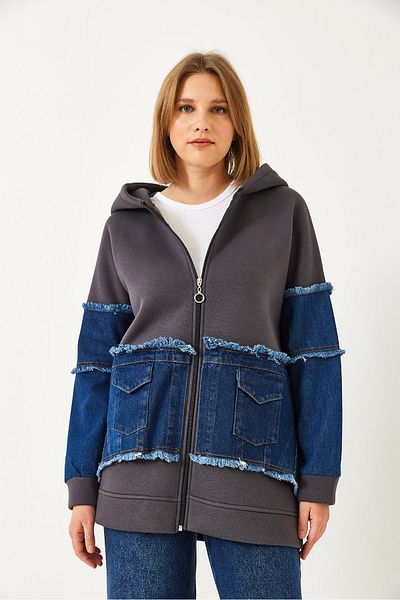 Bianco Lucci Women's Denim Pocket Detailed Three Thread Raster Cardigan 60351322
