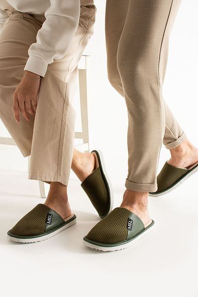 Moda Devrin Παντόφλες Unisex Χακί Ημιδερμάτινες με Μάλλινο Εσωτερικό