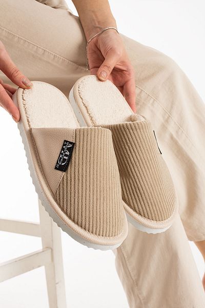 Moda Devrin Unisex Beige Semi-Leather Wool Inside Slippers