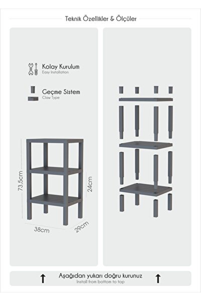 Trend Maison Dekoratif Plastik Çok Amaçlı Banyo Düzenleyici-saksılık-kitaplık-çiçeklik 3 Katlı Siyah