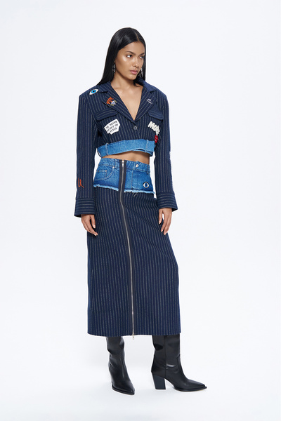 Quzu Navy Blue Matcli Denim Midi Skirt - Zipper Accessories